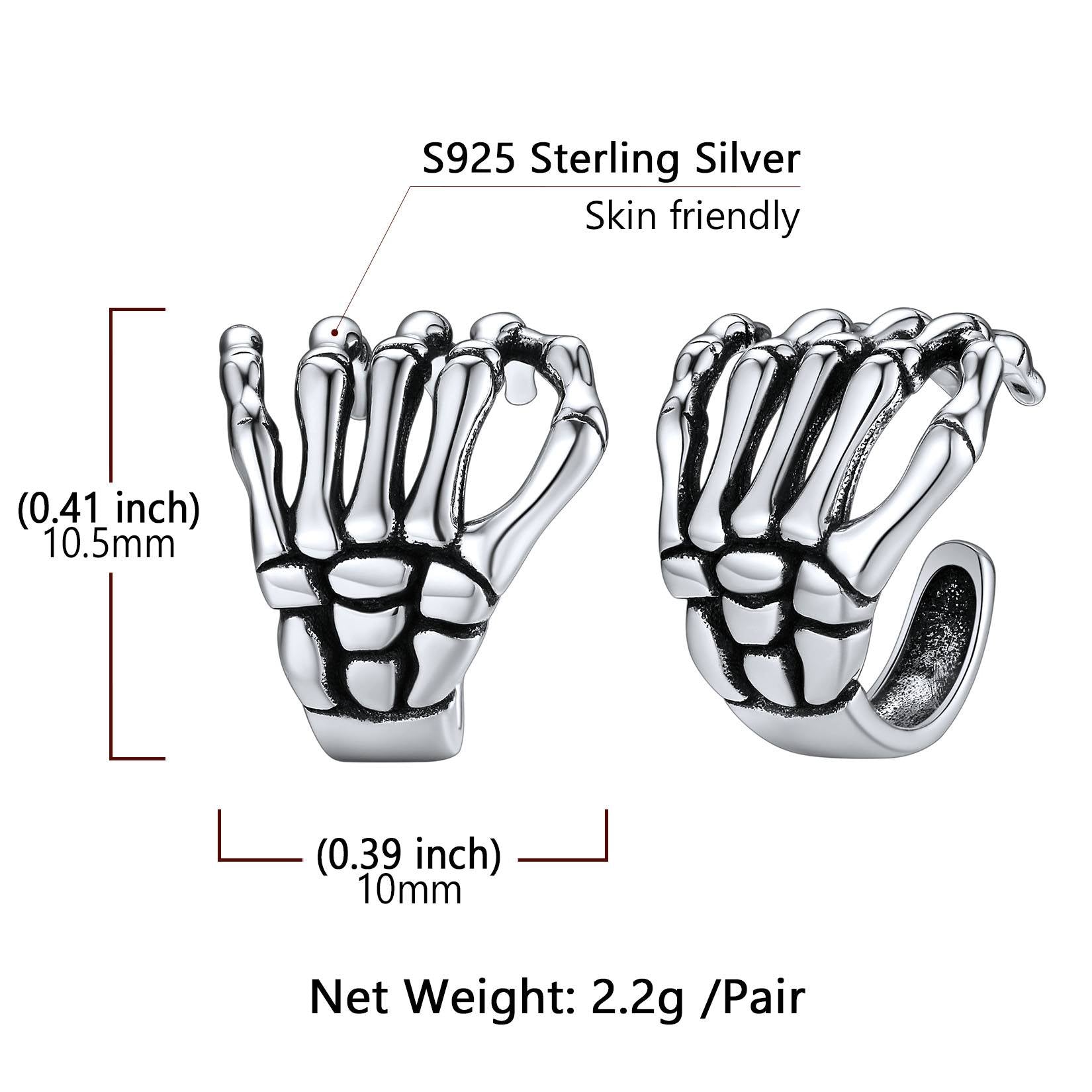 S925 Skeleton Hand Ear Cuffs Non-Pierced Gothic Halloween Jewelry Size