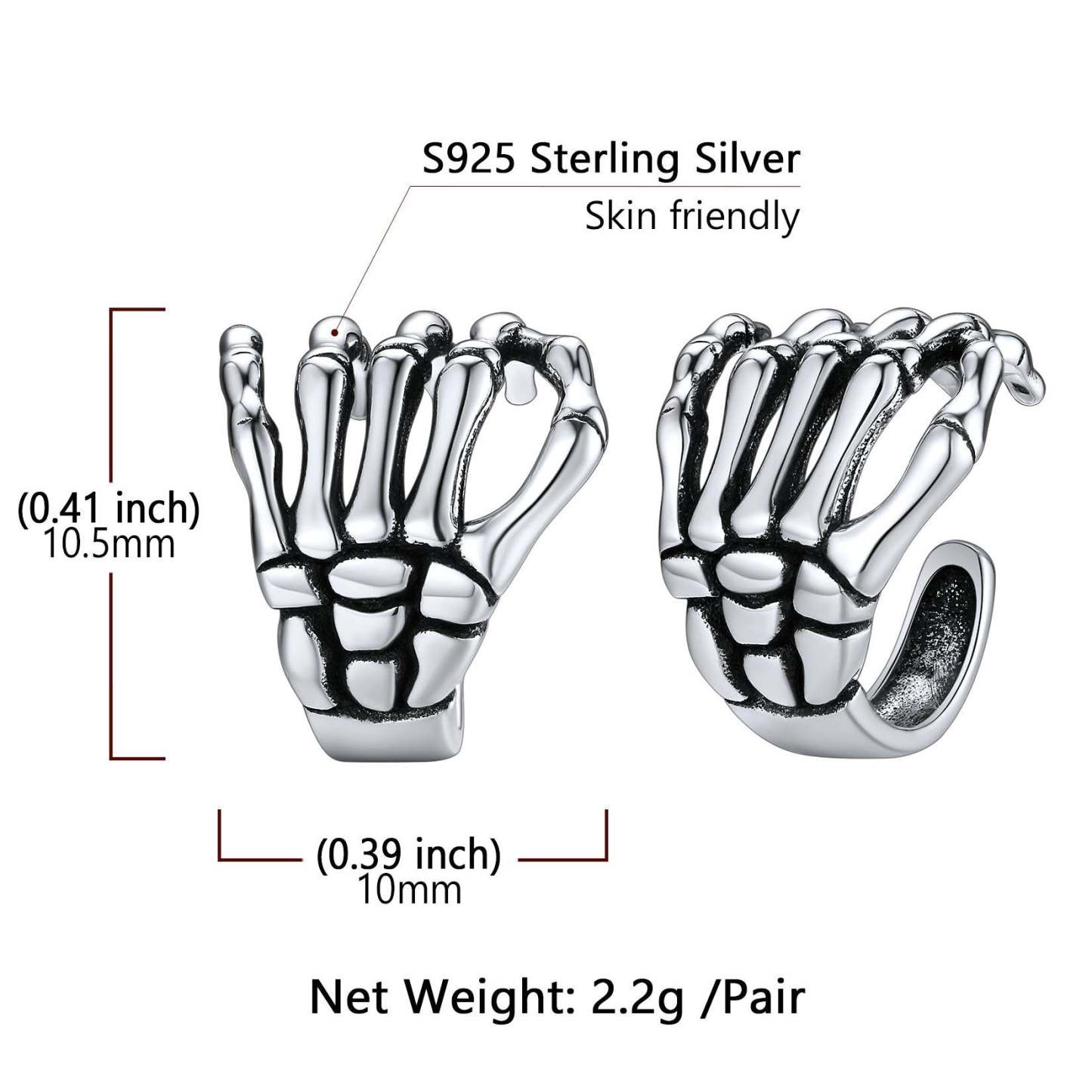 S925 Skeleton Hand Ear Cuffs Non-Pierced Gothic Halloween Jewelry Size