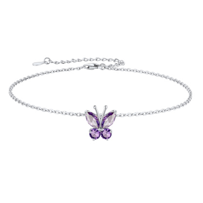 Cute Butterfly Birthstone Sterling Silver Anklet For Women  Feb