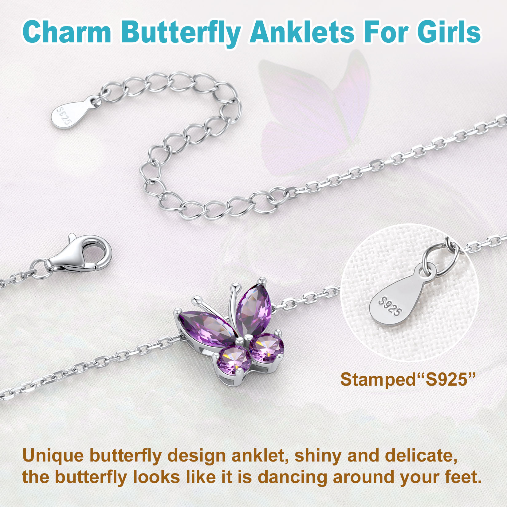Butterfly Birthstone 925 Sterling Silver Anklet For Women