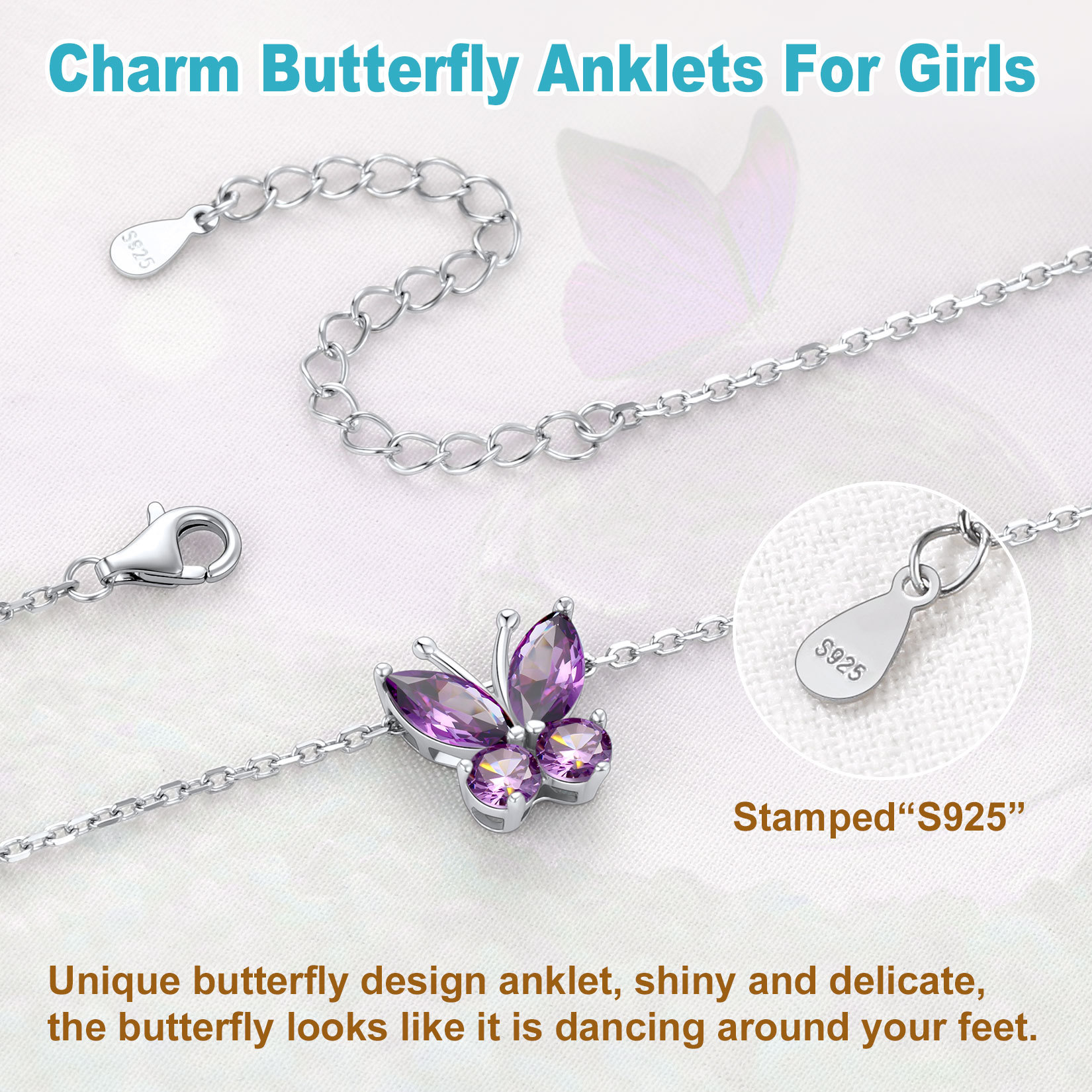 Butterfly Birthstone 925 Sterling Silver Anklet For Women