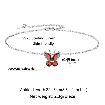 Cute Butterfly Birthstone Sterling Silver Anklet For Women size