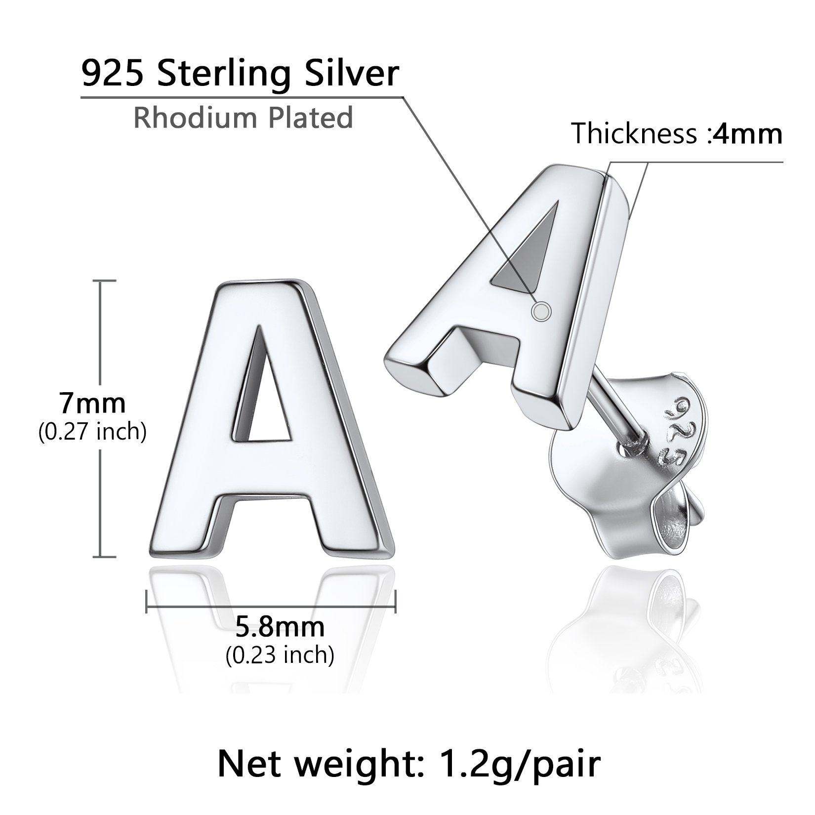  Sterling Silver A-Z Dainty Letter Initial Stud Earrings for Women