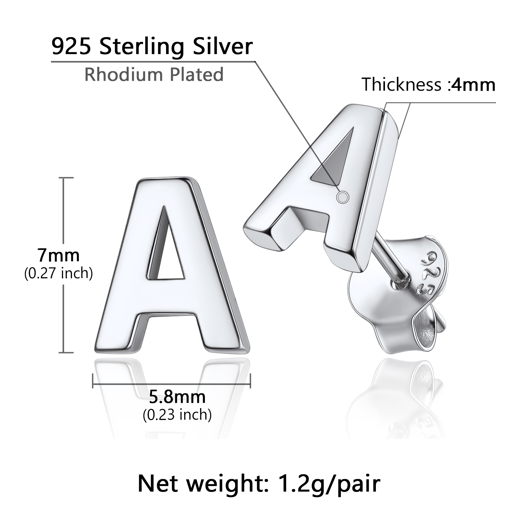  Sterling Silver A-Z Dainty Letter Initial Stud Earrings for Women
