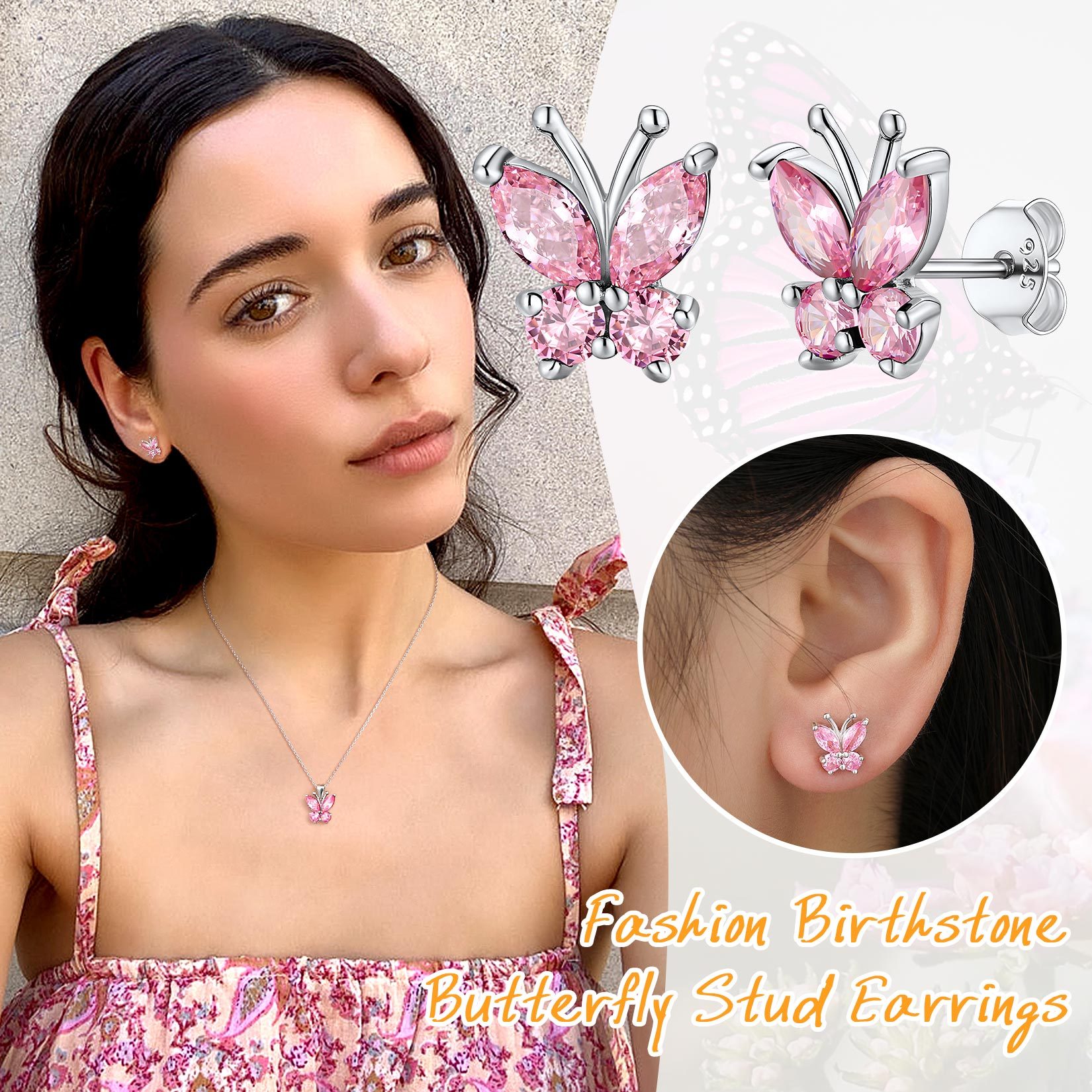 925 Sterling Silver Birthstone Butterfly Stud Earrings 
