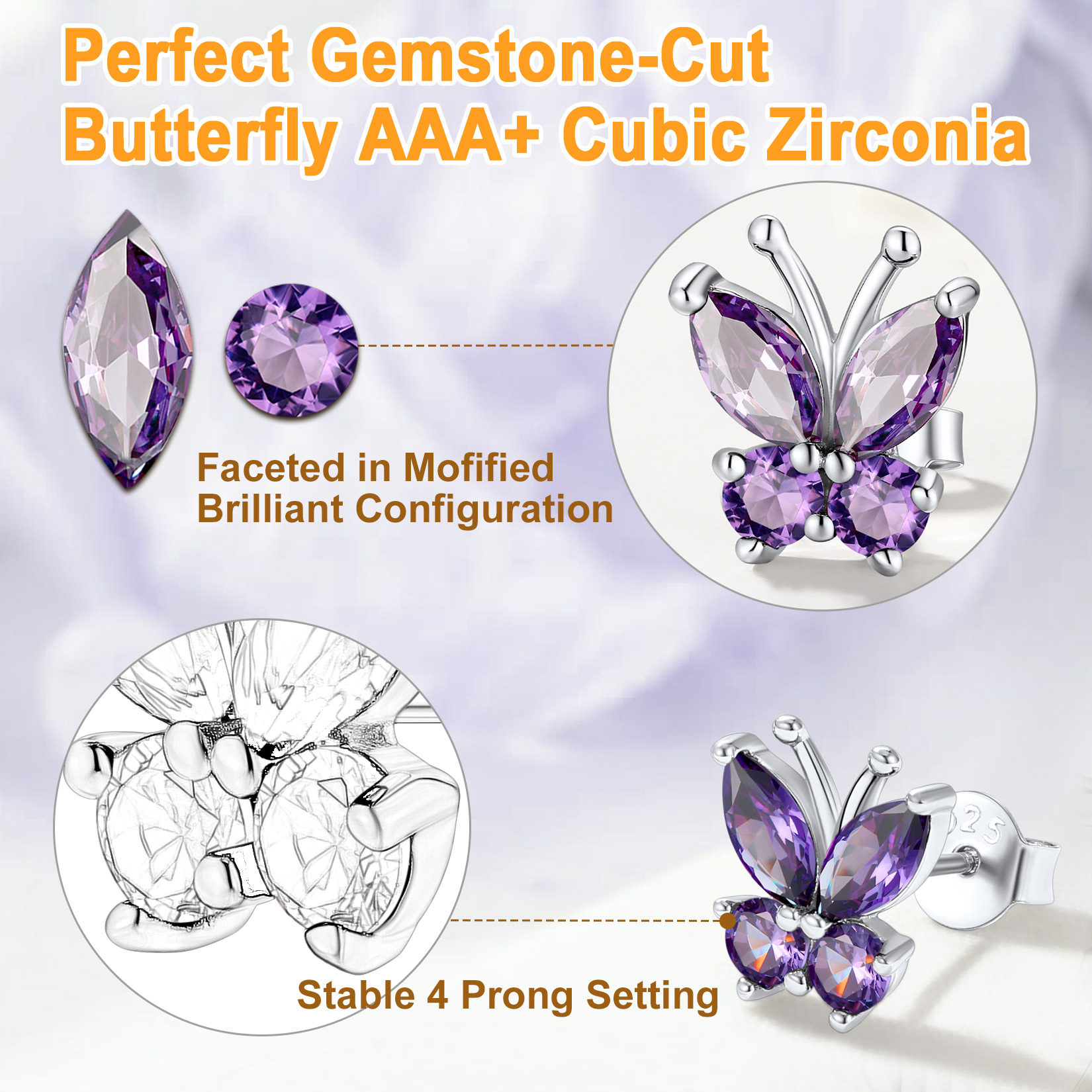 925 Sterling Silver Birthstone Butterfly Earrings 