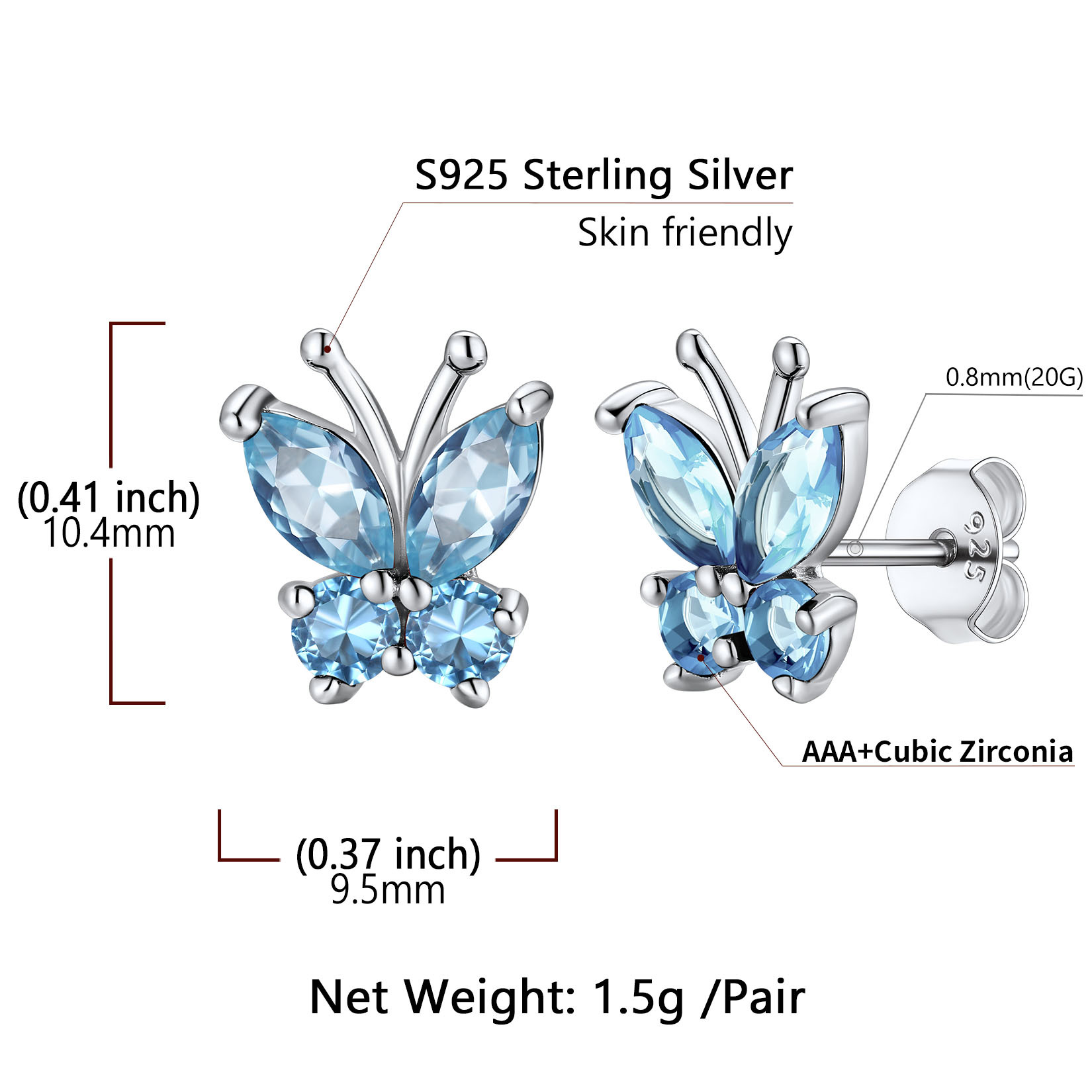925 Sterling Silver Birthstone Butterfly Stud Earrings for Women detail