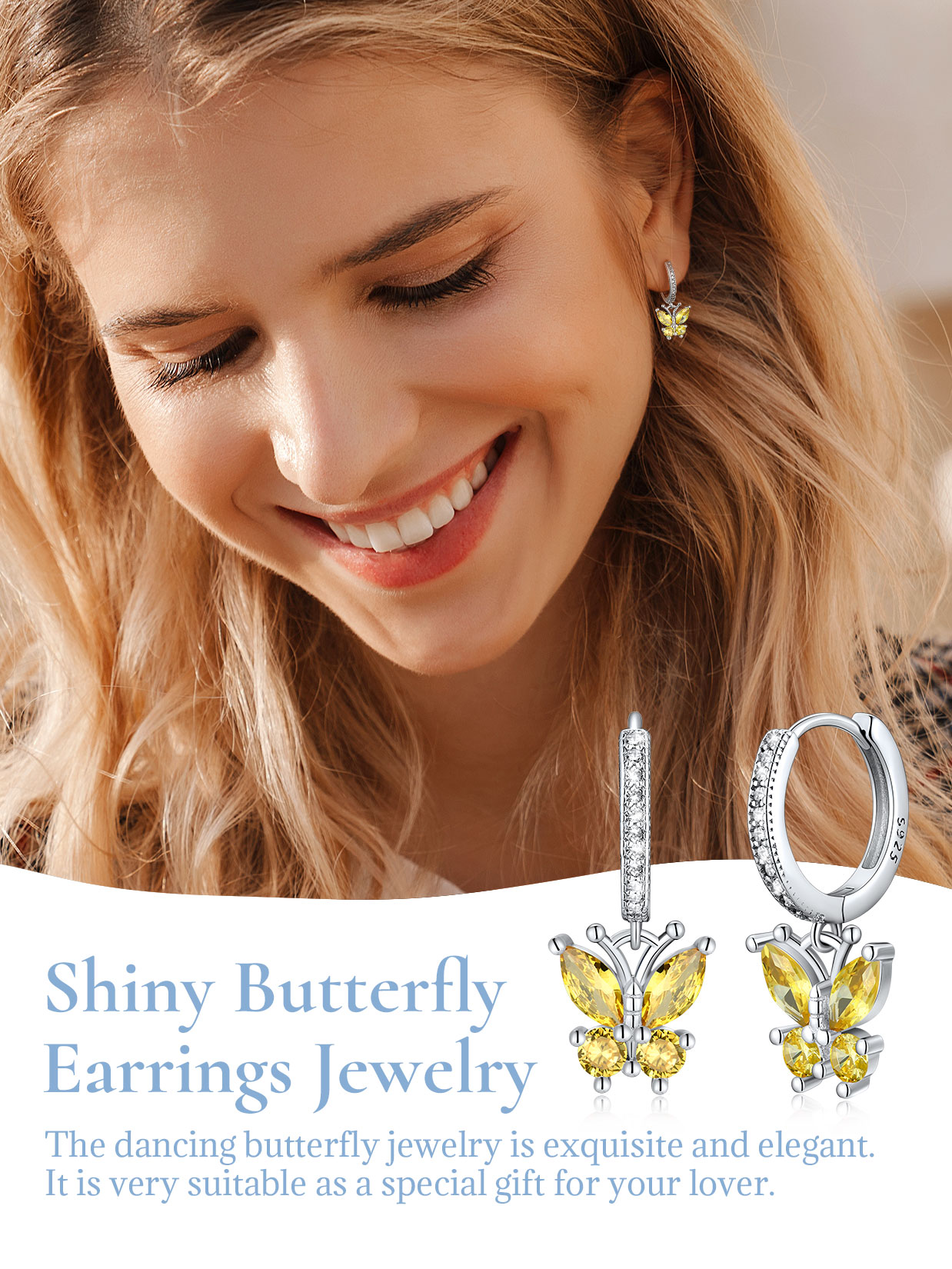 Sterling Silver Butterfly Hoop Earrings Cubic Zirconia for Women gift