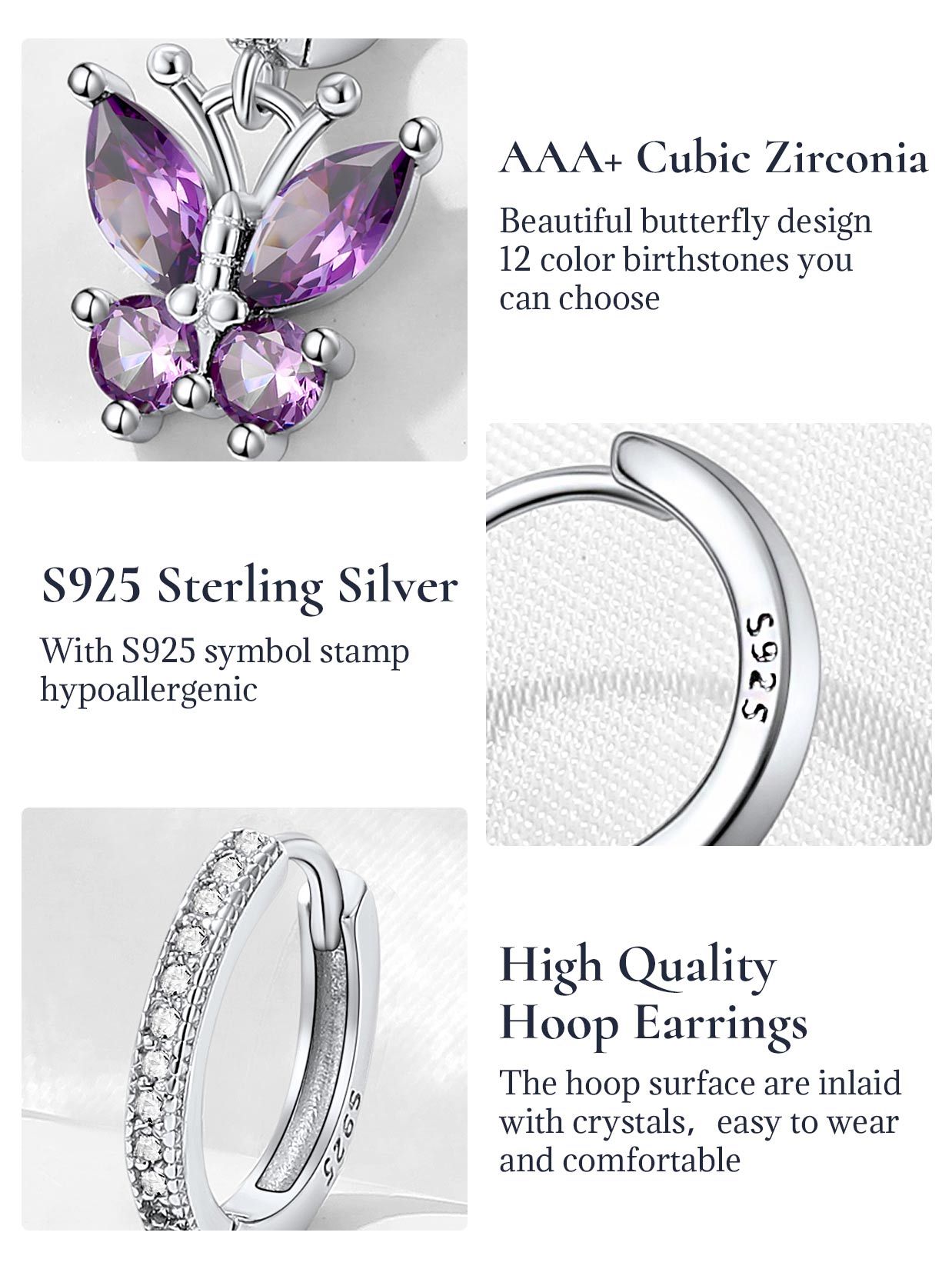 Sterling Silver Butterfly Hoop Earrings Cubic Zirconia detail