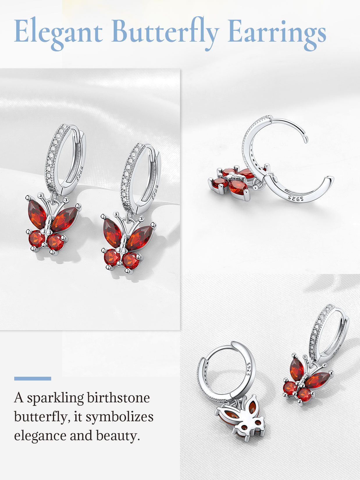 Sterling Silver Butterfly Hoop Earrings Cubic Zirconia for Women detail