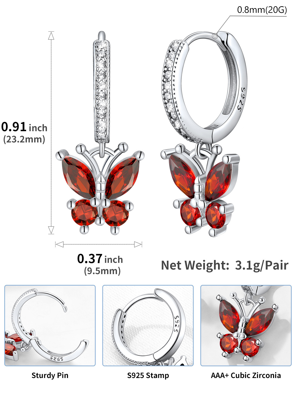 Sterling Silver Butterfly Hoop Earrings Cubic Zirconia for Women size