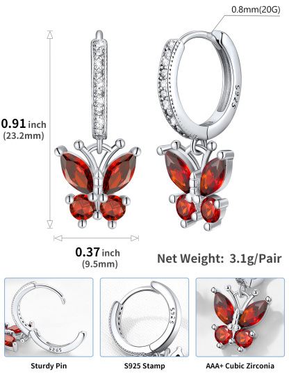 Sterling Silver Butterfly Hoop Earrings Cubic Zirconia for Women size