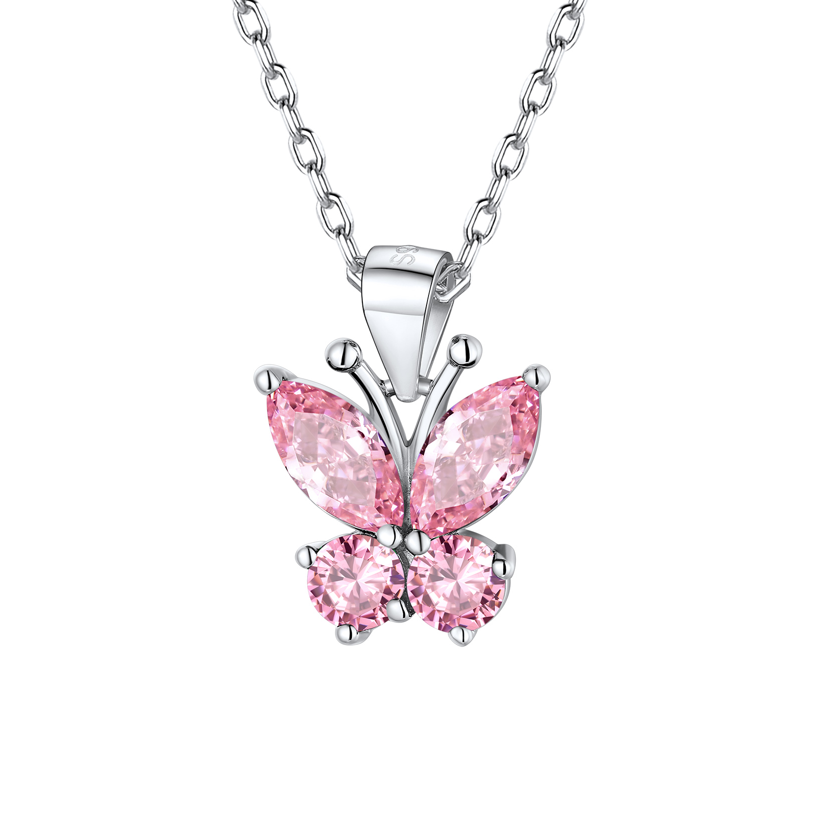 Sterling Silver Birthstone Butterfly Pendant Necklace October-Tourmaline