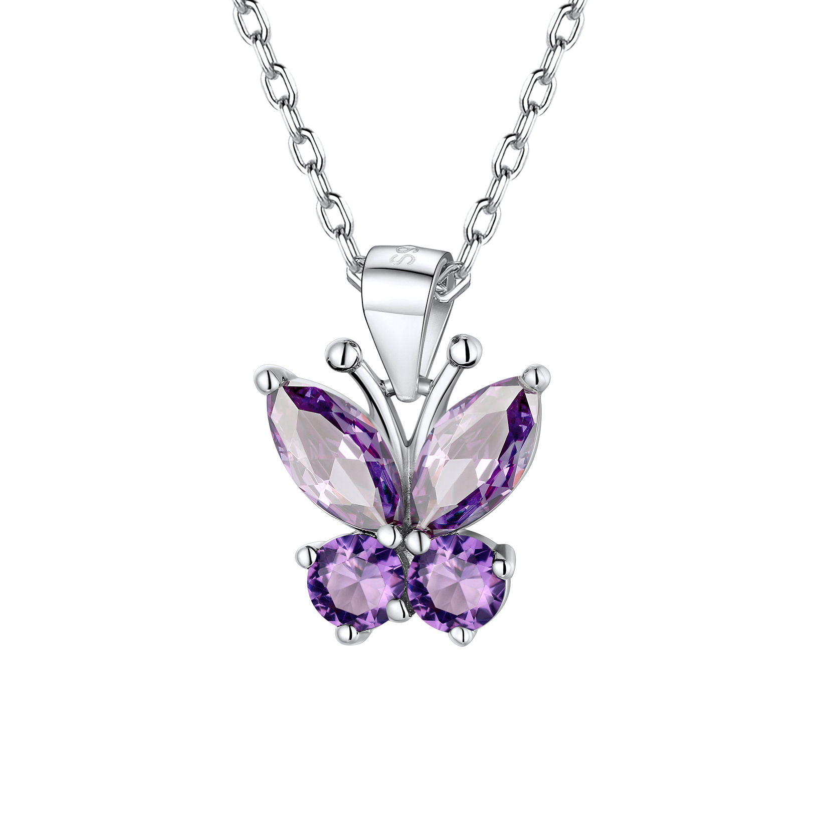 Sterling Silver Birthstone Butterfly Pendant Necklace February-Amethyst