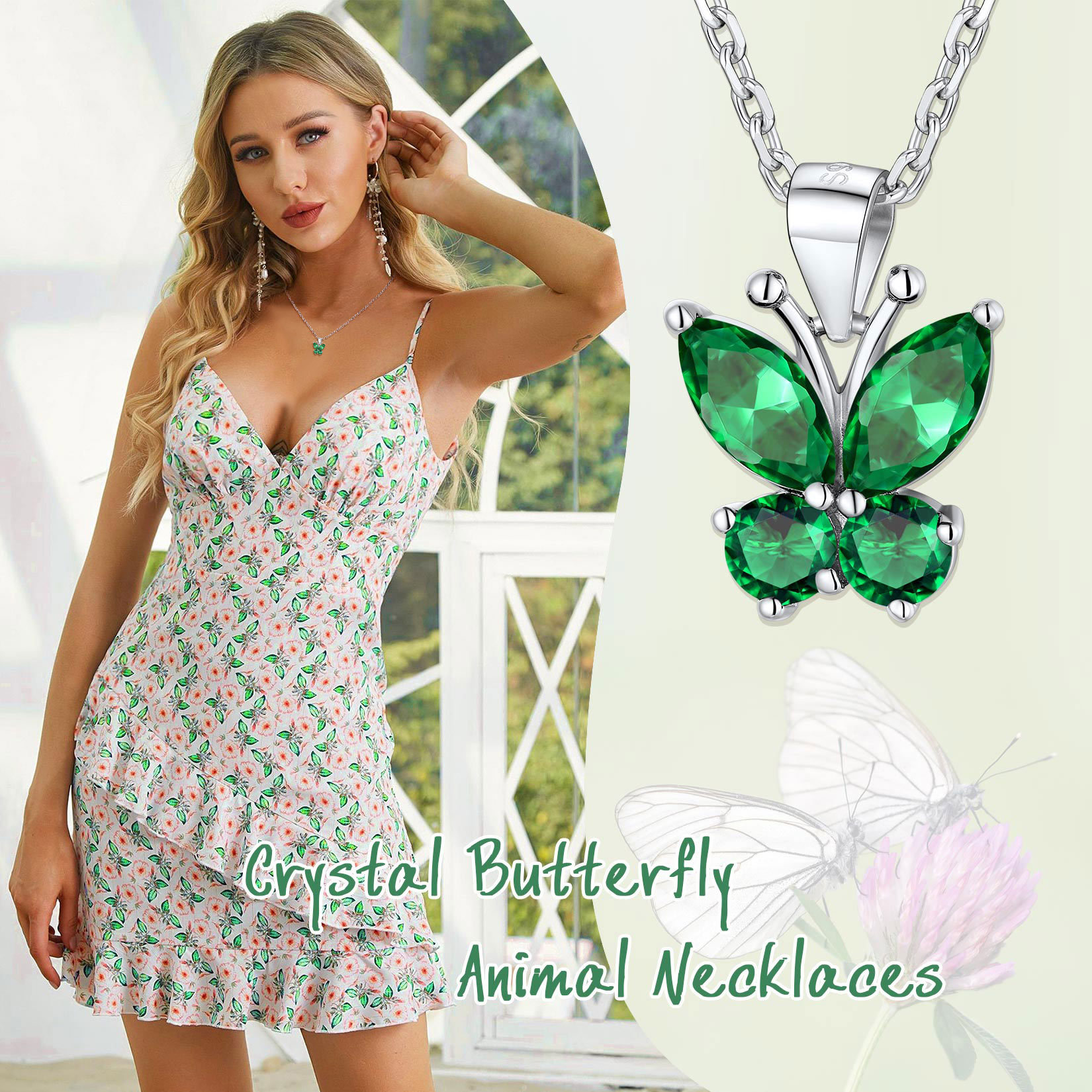 Sterling Silver Birthstone Butterfly Necklace Emerald model