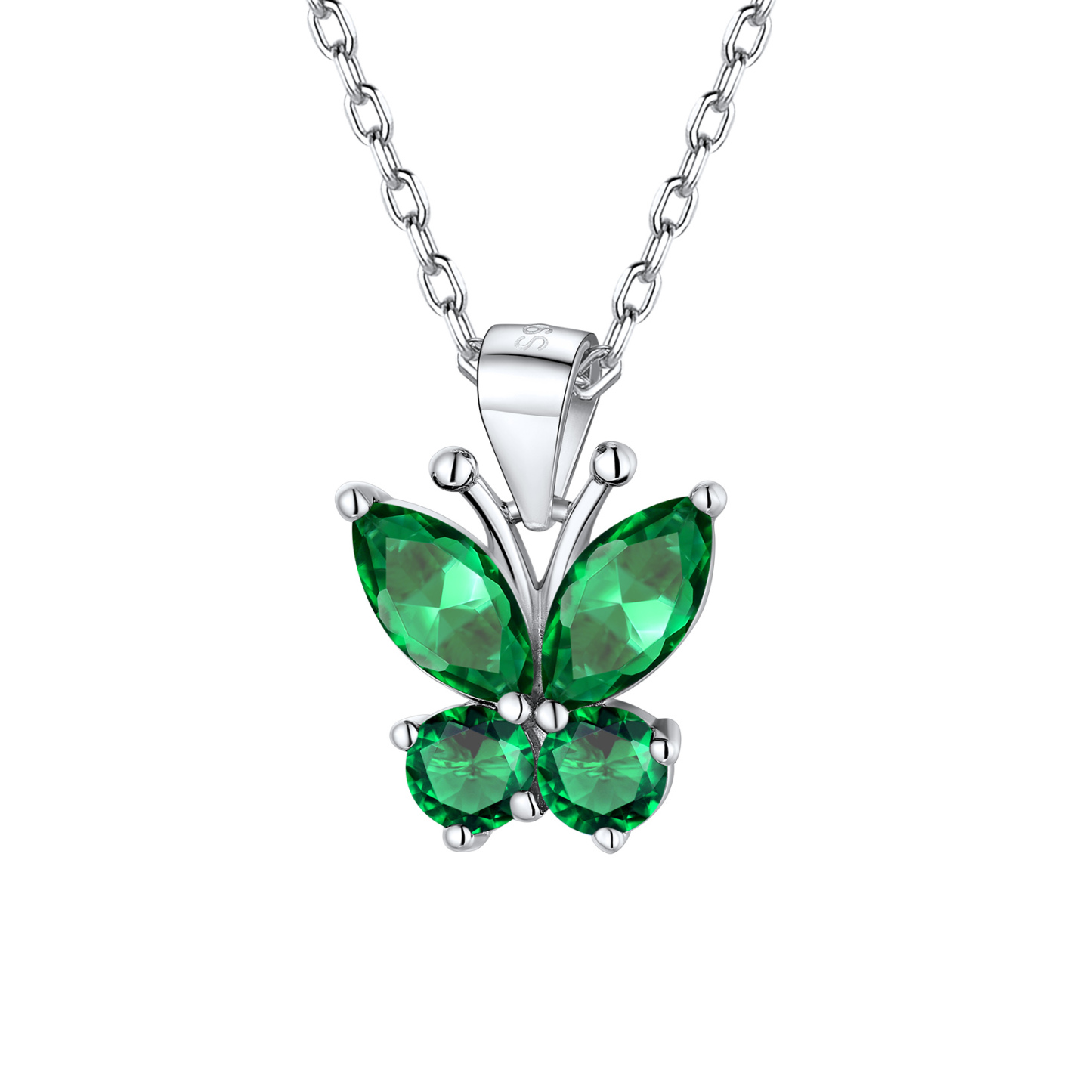 Sterling Silver Birthstone Butterfly Pendant Necklace May-Emerald