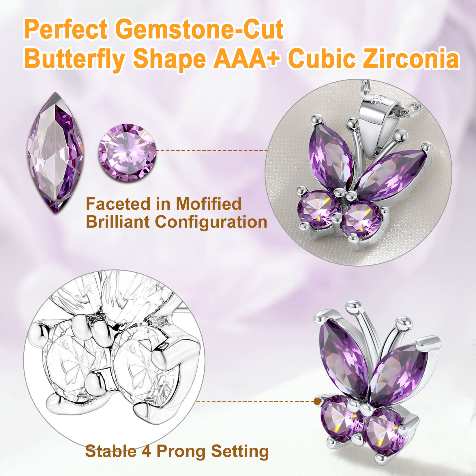 Silver Birthstone Butterfly Pendant Necklace 