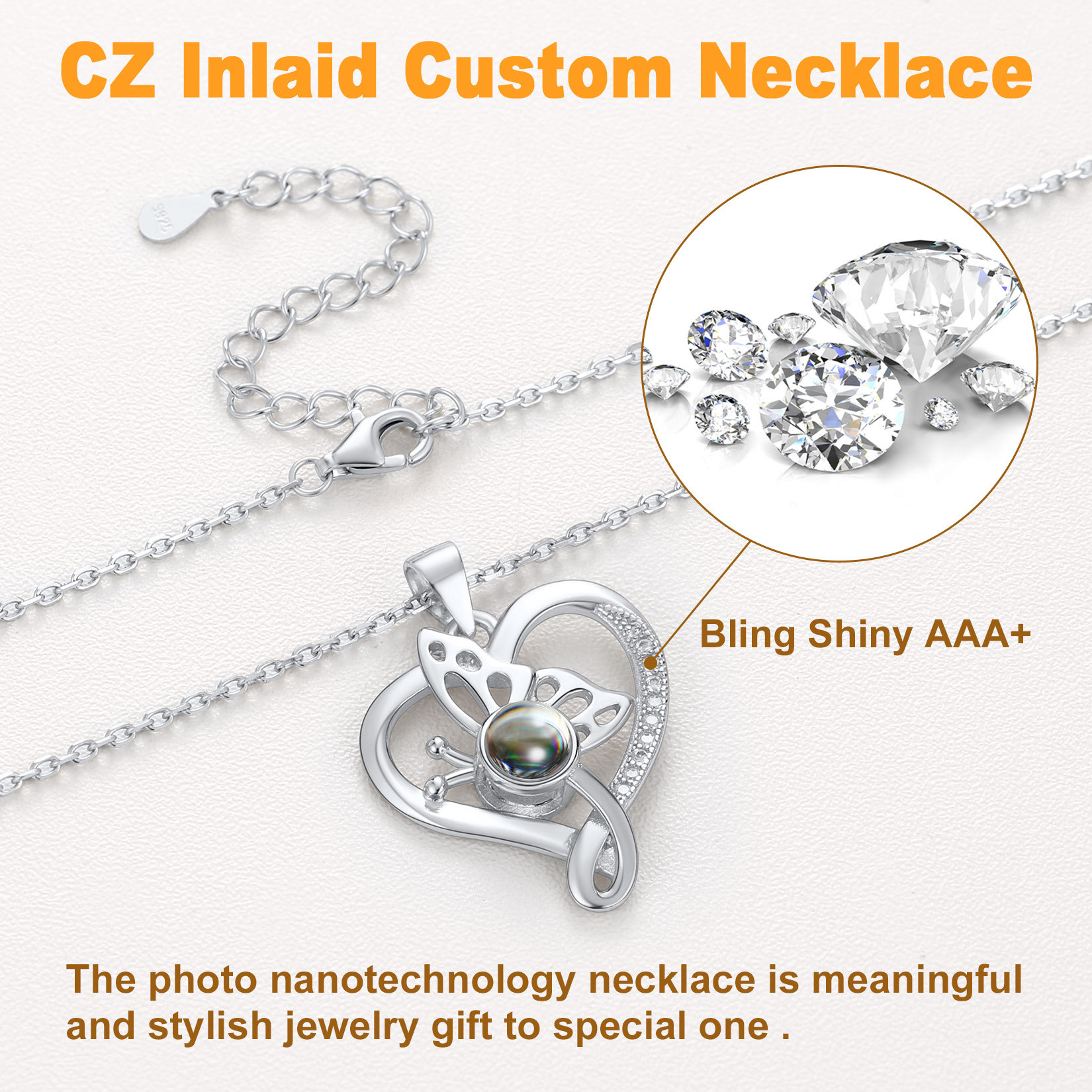 Personalized Photo Projection Butterfly Pendant Necklace cz AAA+