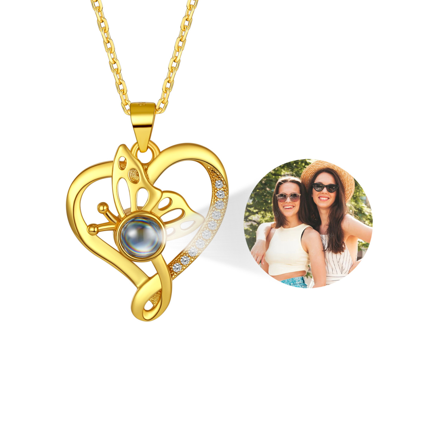 Personalized Photo Projection Butterfly Pendant Necklace gold