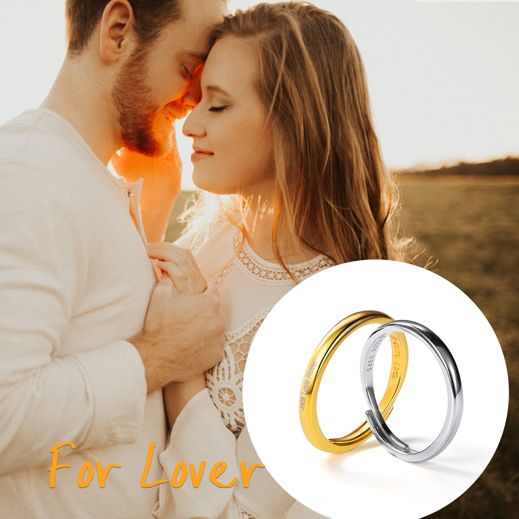 Sterling Silver Engravable Adjustable Ring Band For Couple for lover