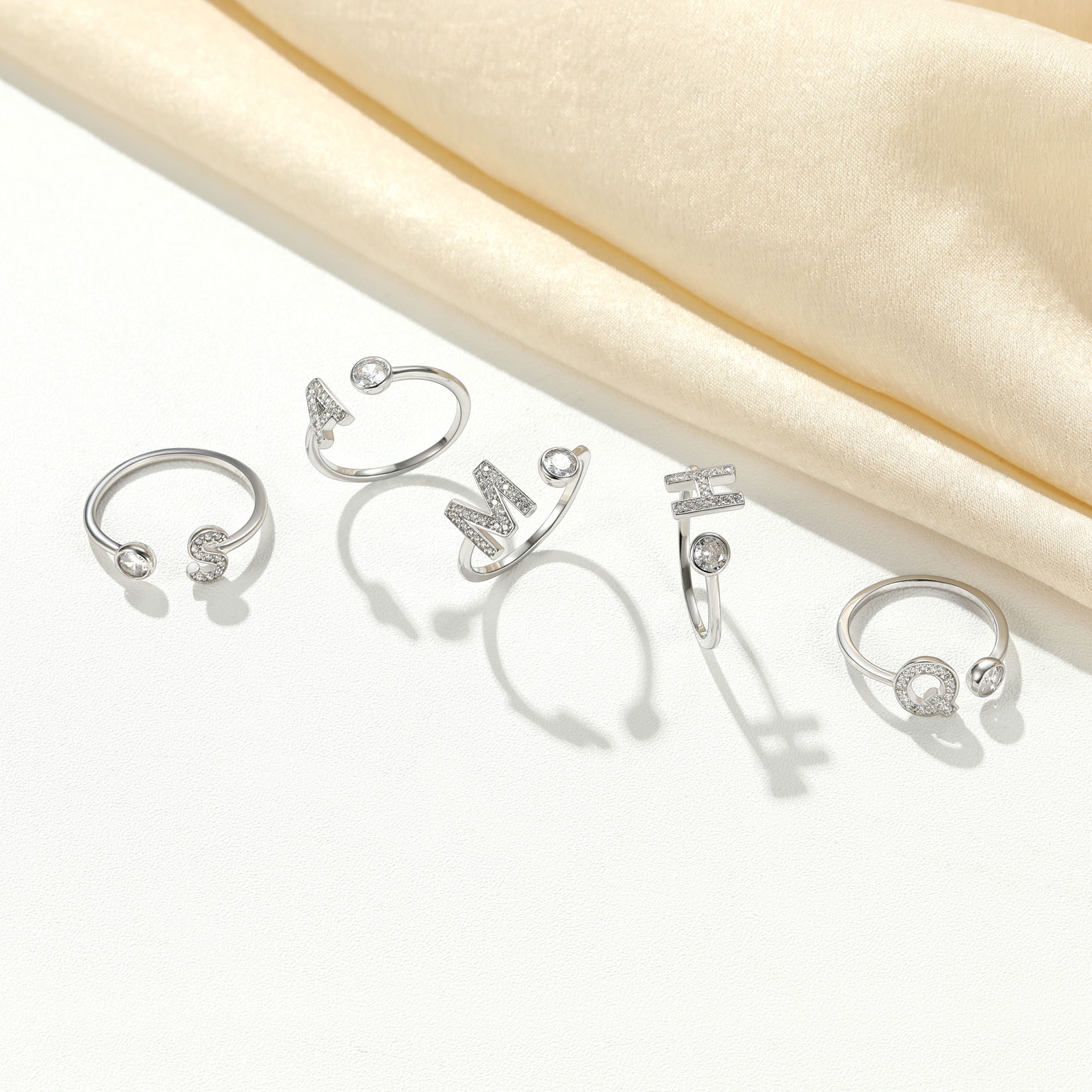 Adjustable Sterling Silver Cubic Zirconia Letter A-Z Initial Rings Collection