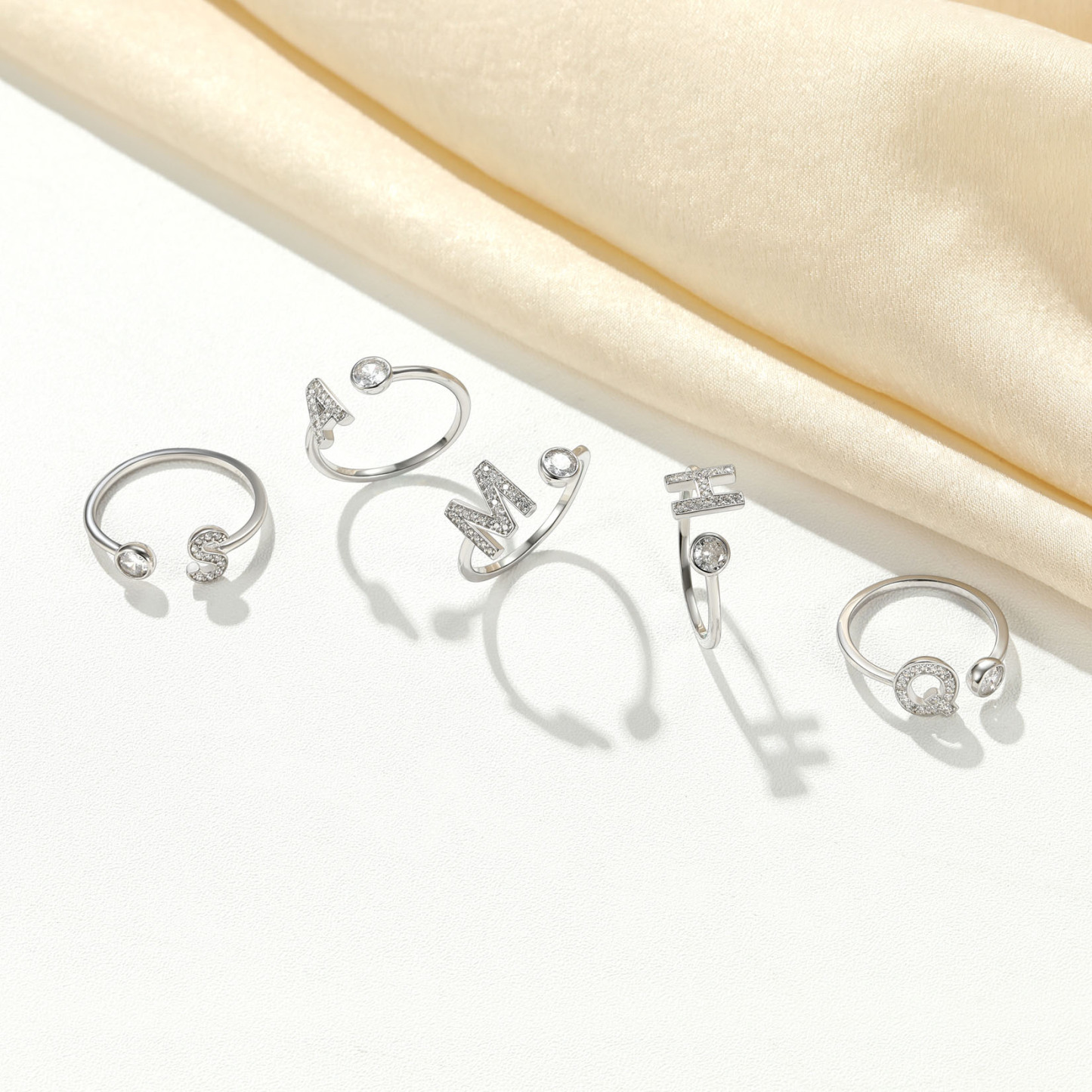 Adjustable Sterling Silver Cubic Zirconia Letter A-Z Initial Rings Collection