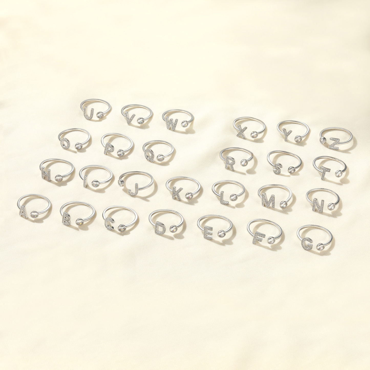 Adjustable Sterling Silver Cubic Zirconia A-Z Initial Rings