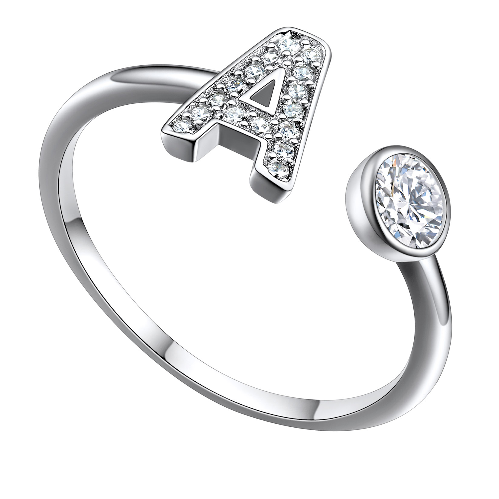 Adjustable Sterling Silver Cubic Zirconia Letter A Initial Rings