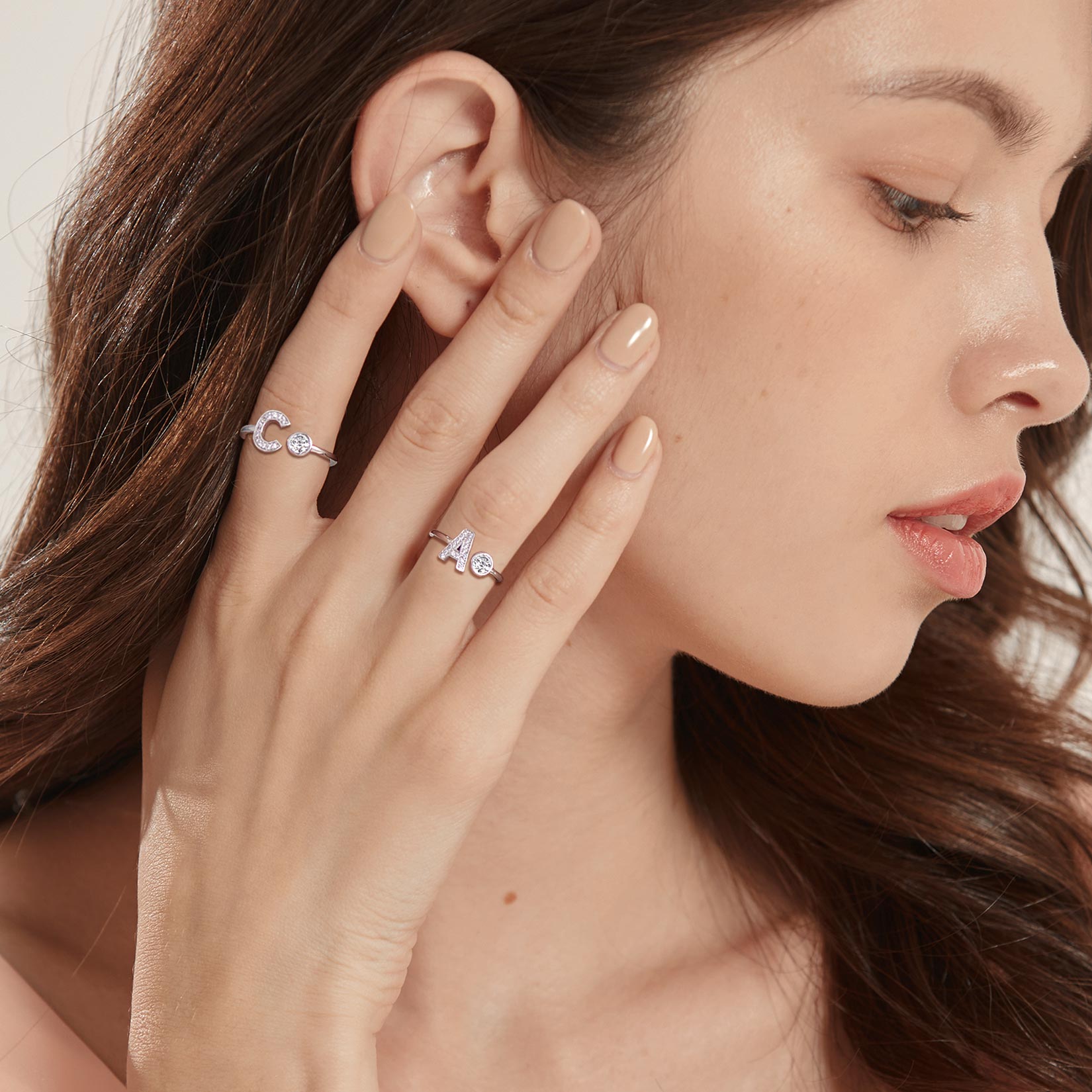 Adjustable Sterling Silver Cubic Zirconia Letter A-Z Initial Rings Model