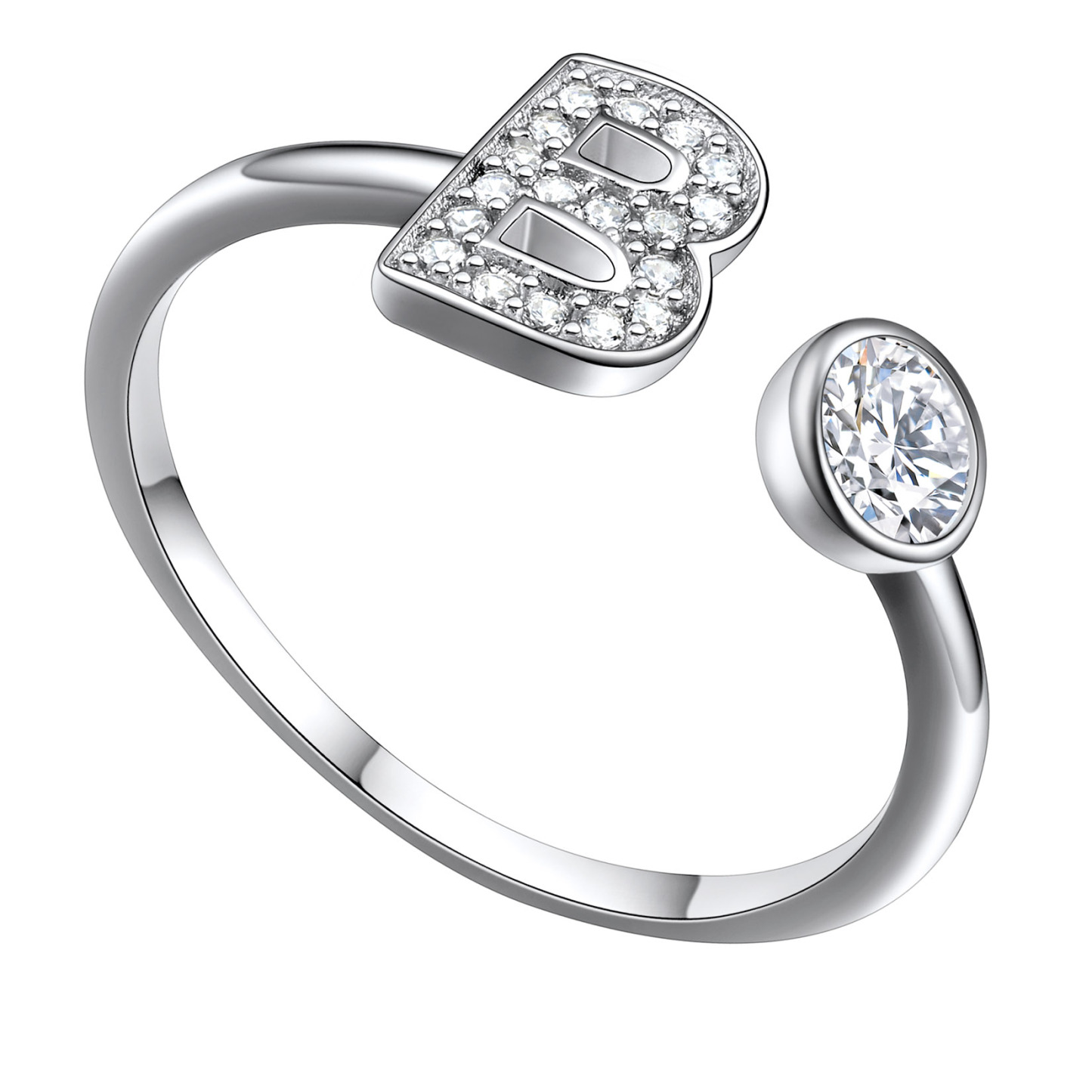 Adjustable Sterling Silver Cubic Zirconia Letter B Initial Rings