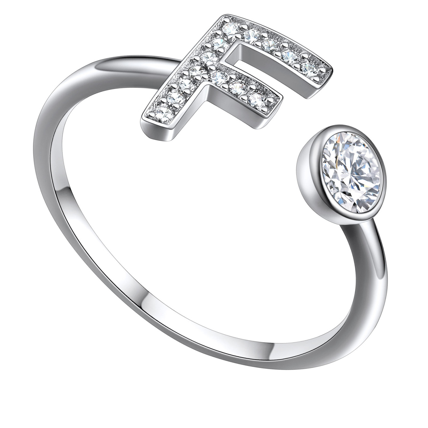 Adjustable Sterling Silver Cubic Zirconia Letter F Initial Rings