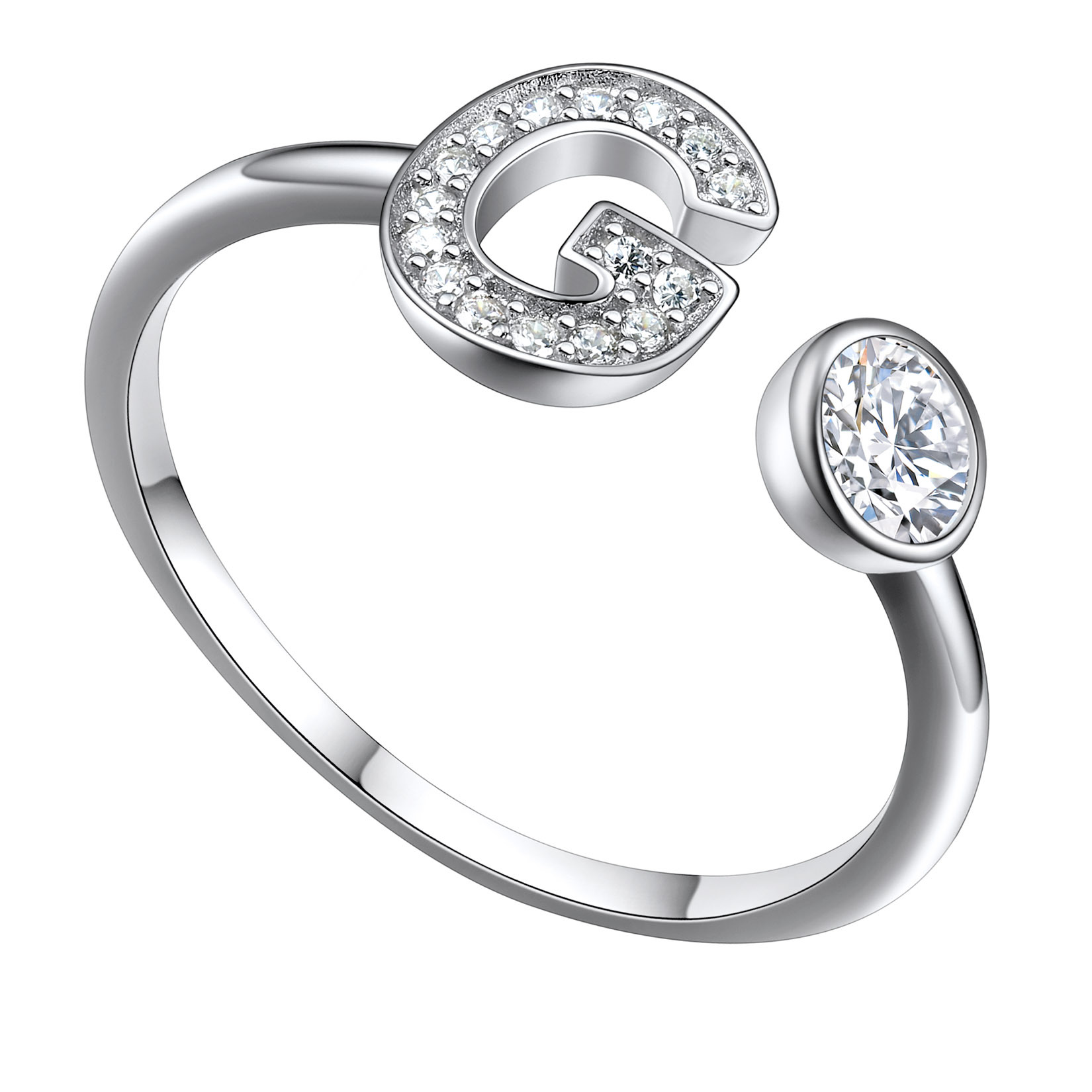 Adjustable Sterling Silver Cubic Zirconia Letter G Initial Rings