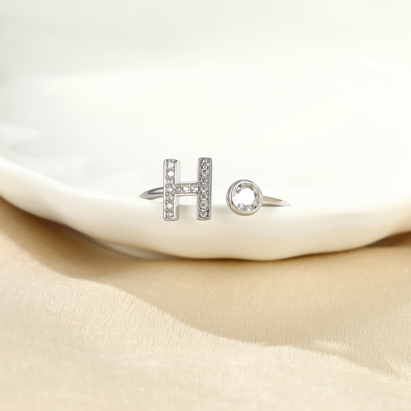 Adjustable Sterling Silver Cubic Zirconia H Initial Rings