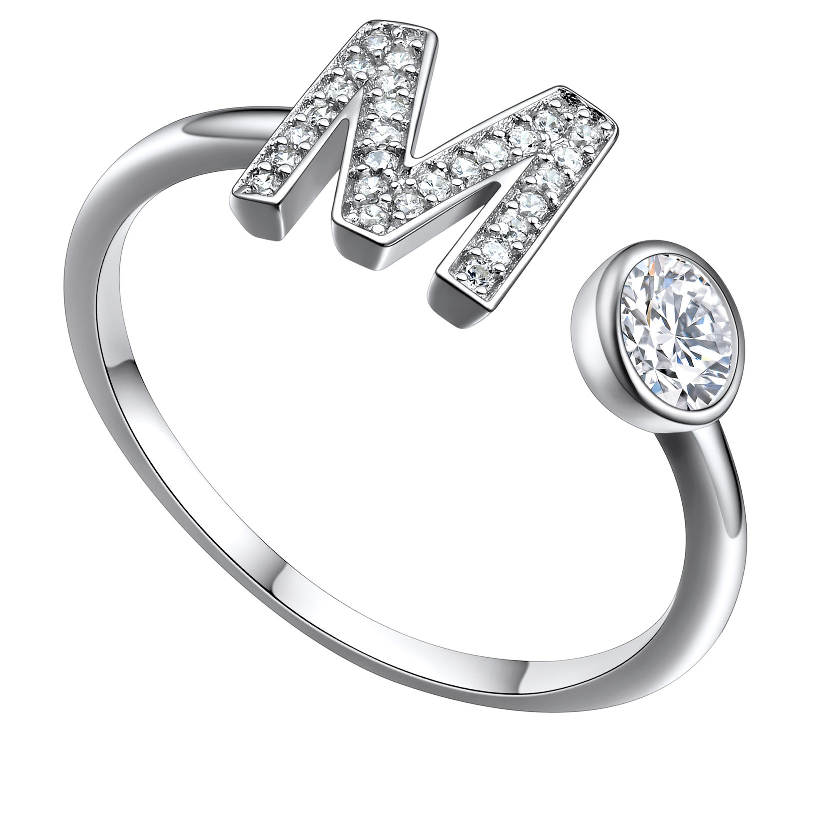 Adjustable Sterling Silver Cubic Zirconia Letter M Initial Rings