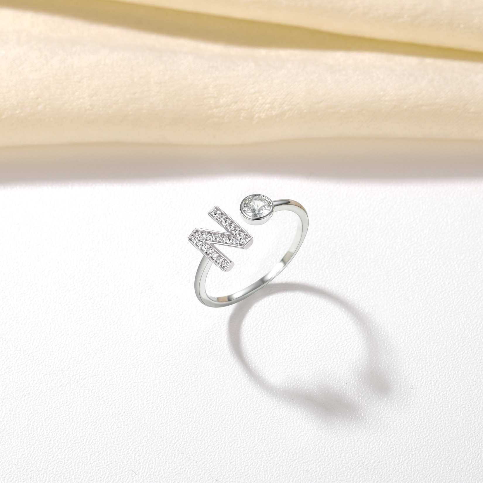 Adjustable Sterling Silver Cubic Zirconia N Initial Rings