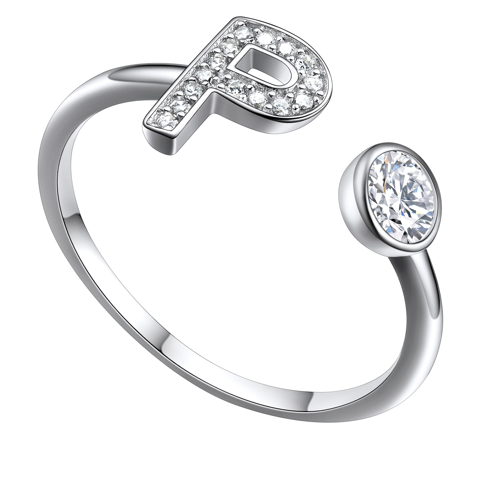 Adjustable Sterling Silver Cubic Zirconia Letter P Initial Rings