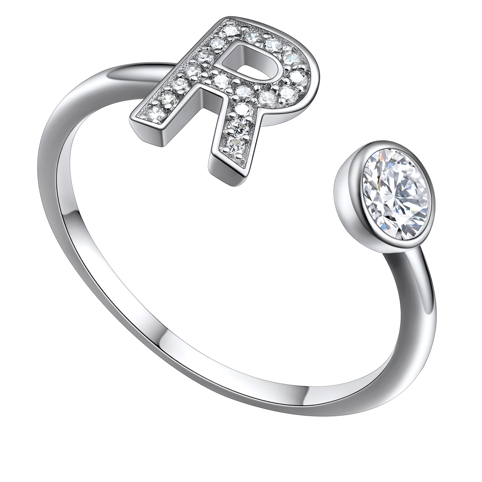 Adjustable Sterling Silver Cubic Zirconia Letter R Initial Rings