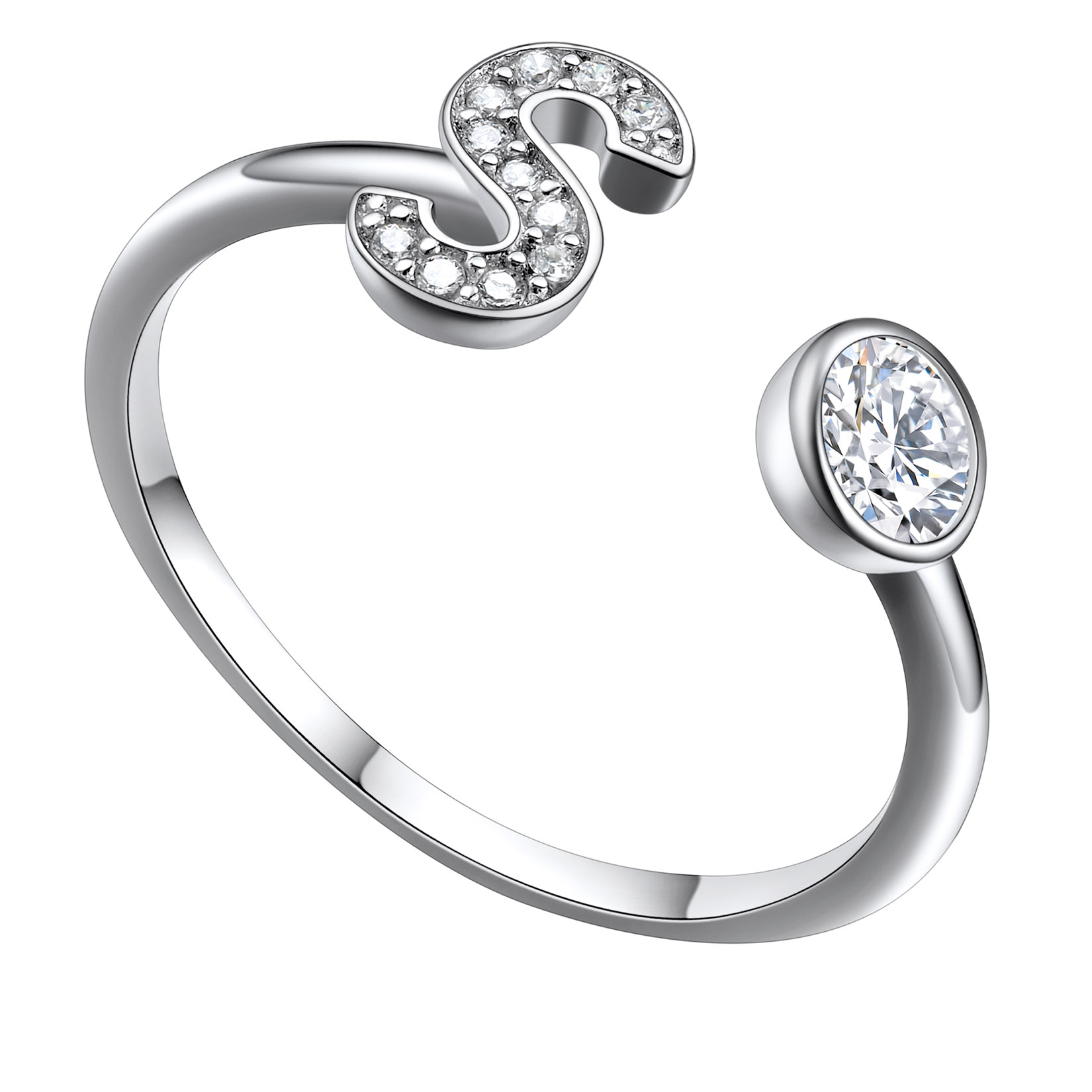 Adjustable Sterling Silver Cubic Zirconia Letter S Initial Rings