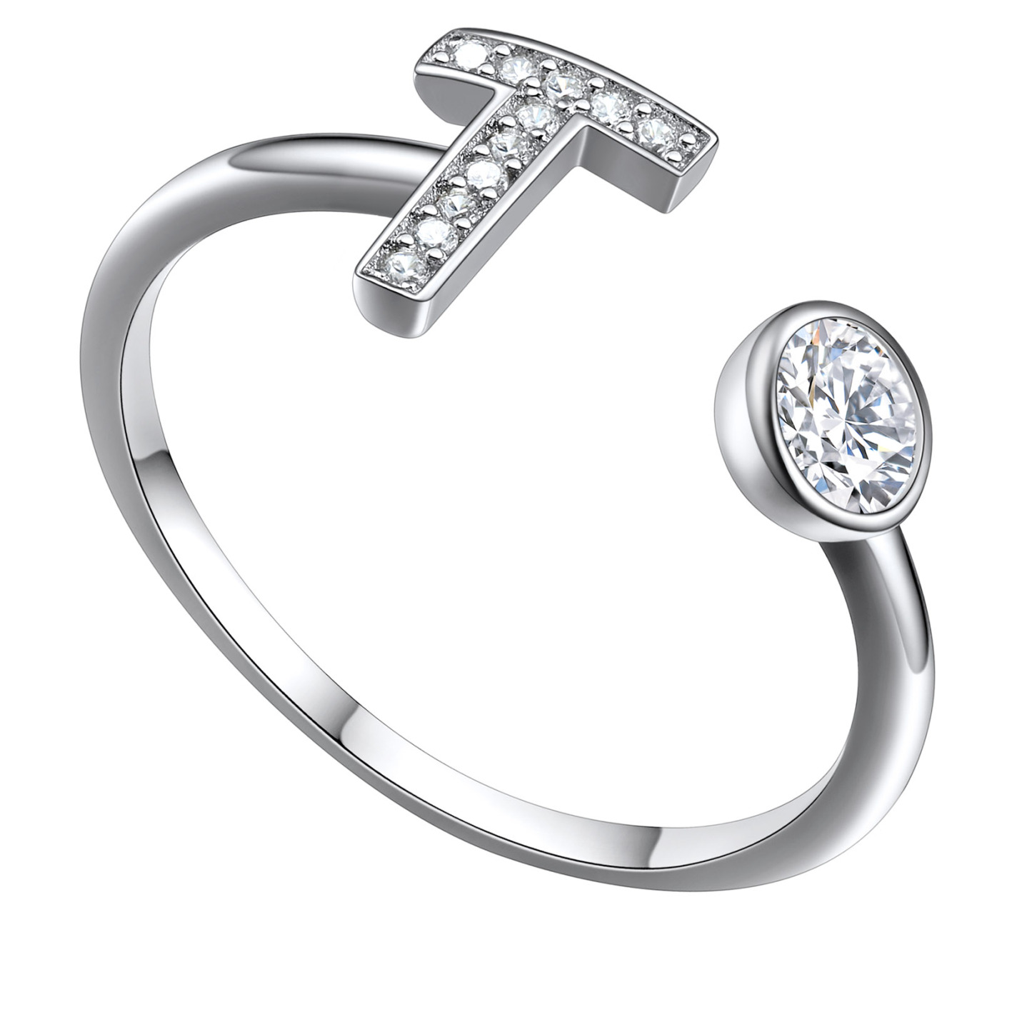 Adjustable Sterling Silver Cubic Zirconia Letter T Initial Rings