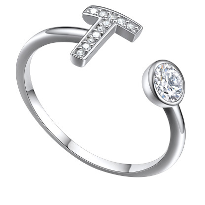 Adjustable Sterling Silver Cubic Zirconia Letter T Initial Rings