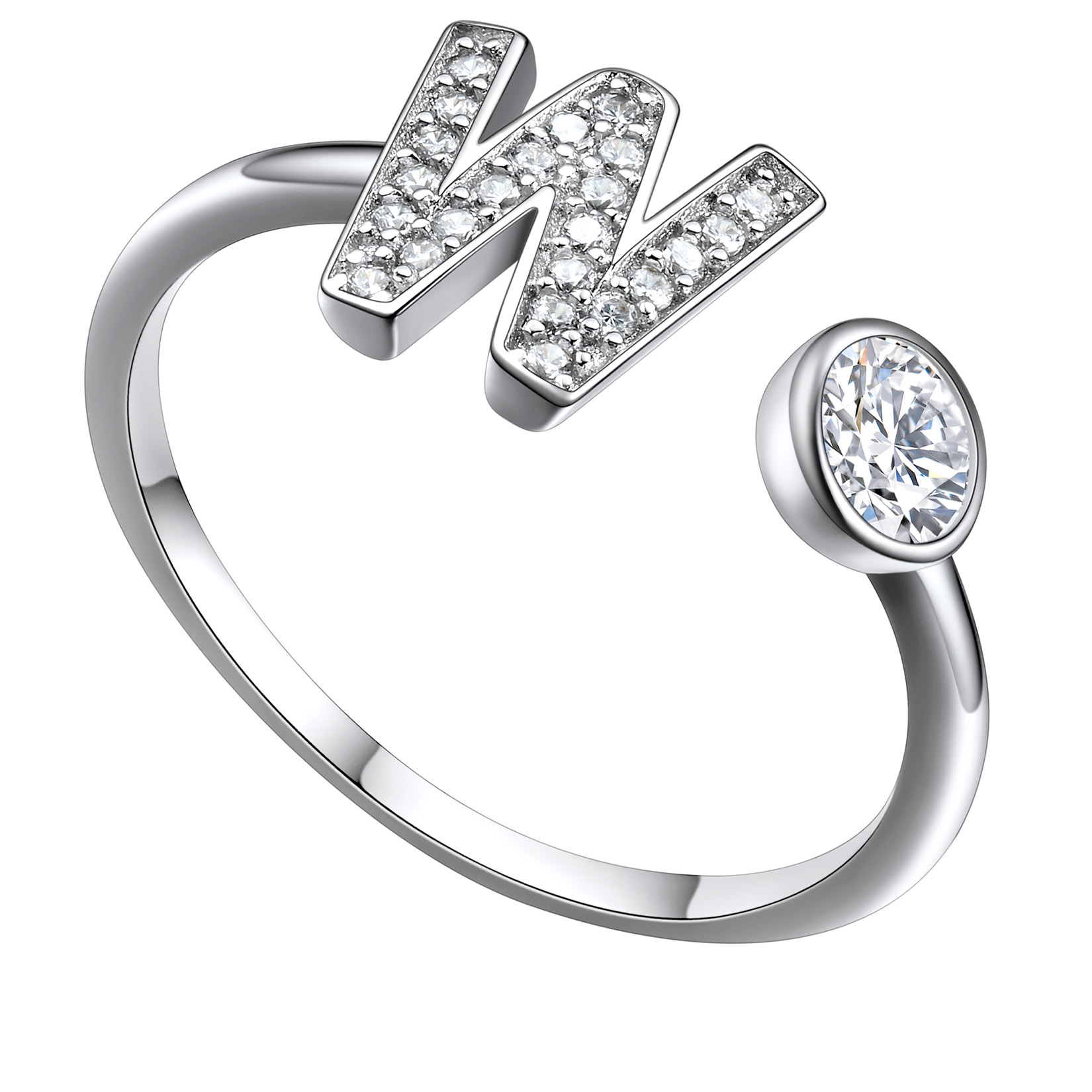 Adjustable Sterling Silver Cubic Zirconia Letter W Initial Rings