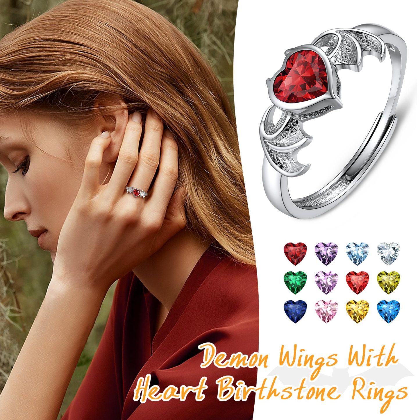Heart Adjustable Sterling Silver Birthstone Ring