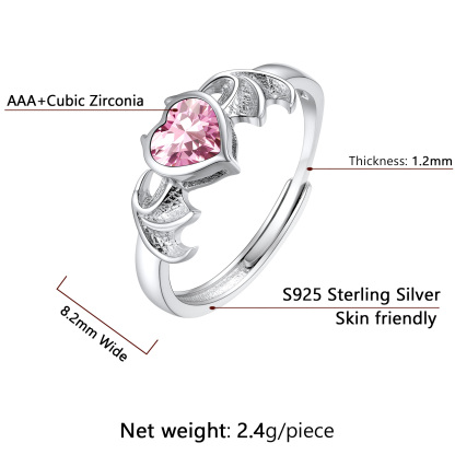 Devil Wings Heart Adjustable Sterling Silver Birthstone Ring Size