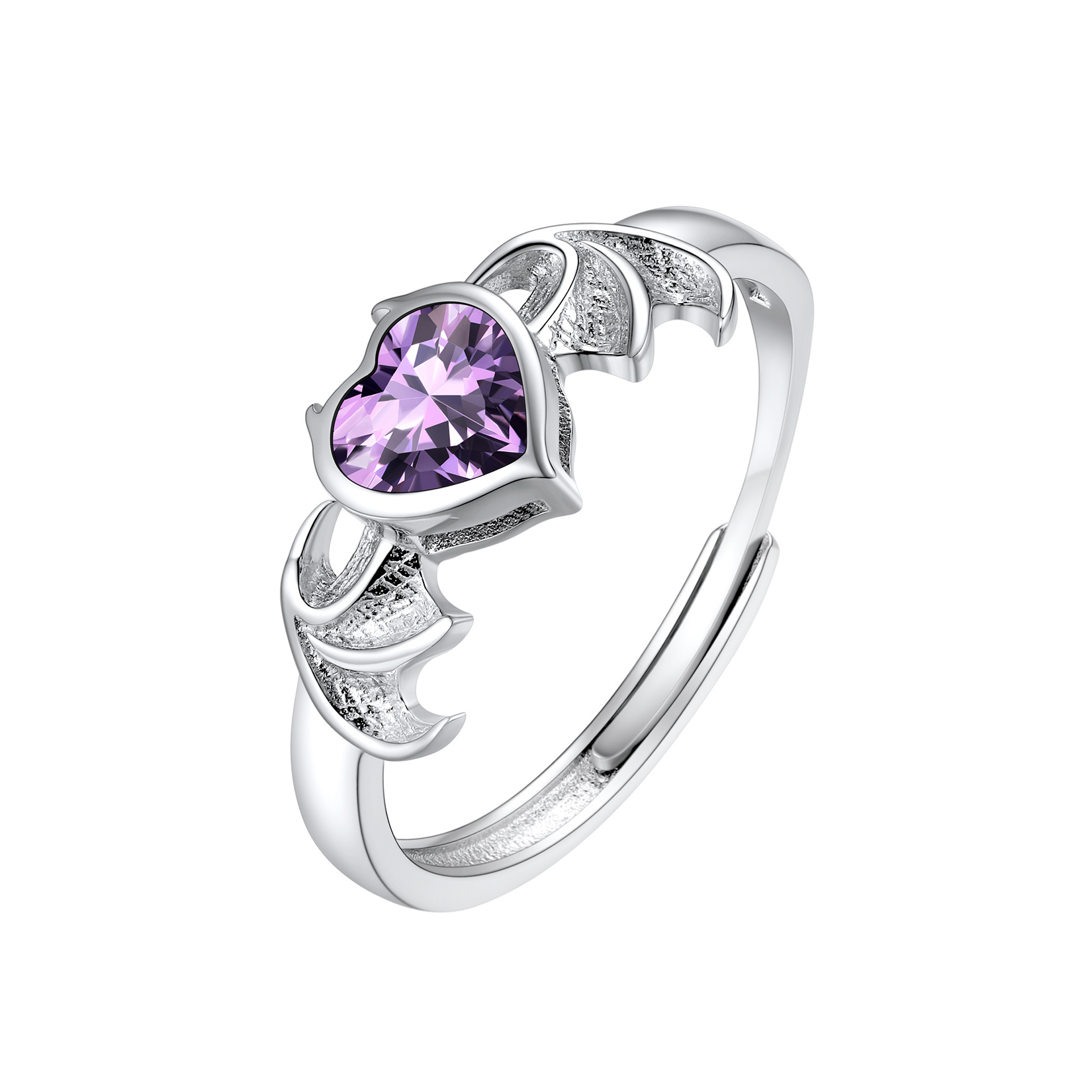 Devil Wings Heart Adjustable Sterling Silver Birthstone Ring February - Amethyst