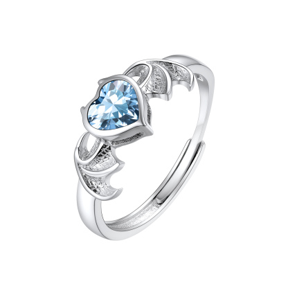 Devil Wings Heart Adjustable Sterling Silver Birthstone Ring March - Aquamarine