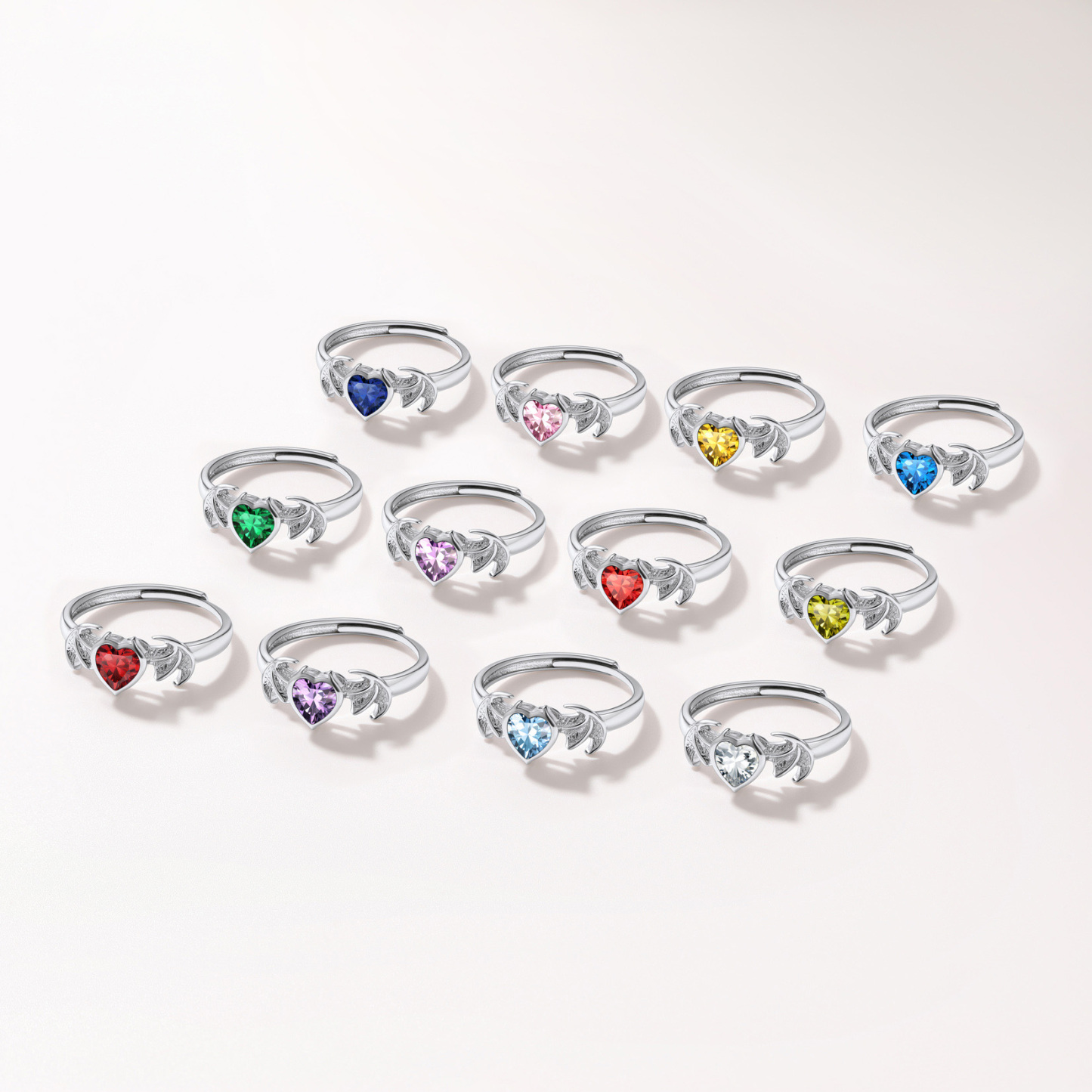Devil Wings Heart Adjustable Sterling Silver Birthstone Ring Collection
