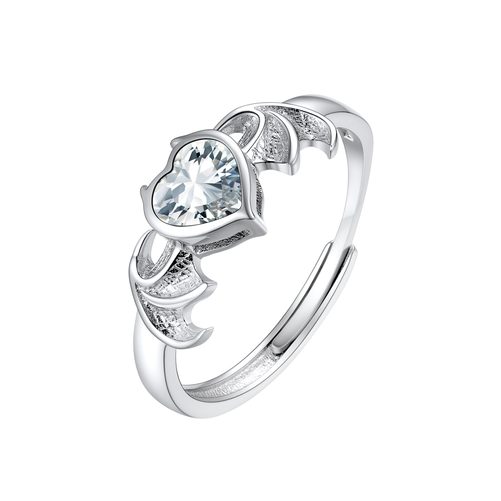 Devil Wings Heart Adjustable Sterling Silver Birthstone Ring April - Diamond