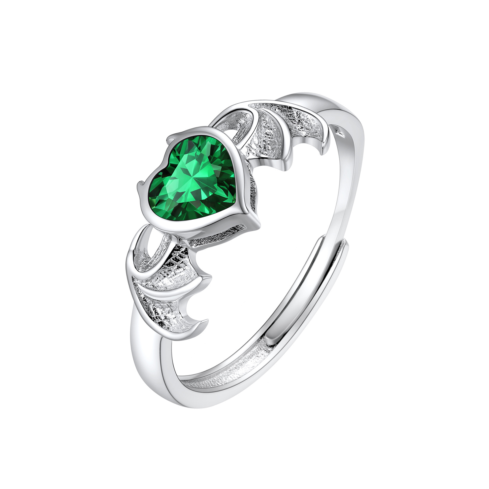 Devil Wings Heart Adjustable Sterling Silver Birthstone Ring May - Emerald