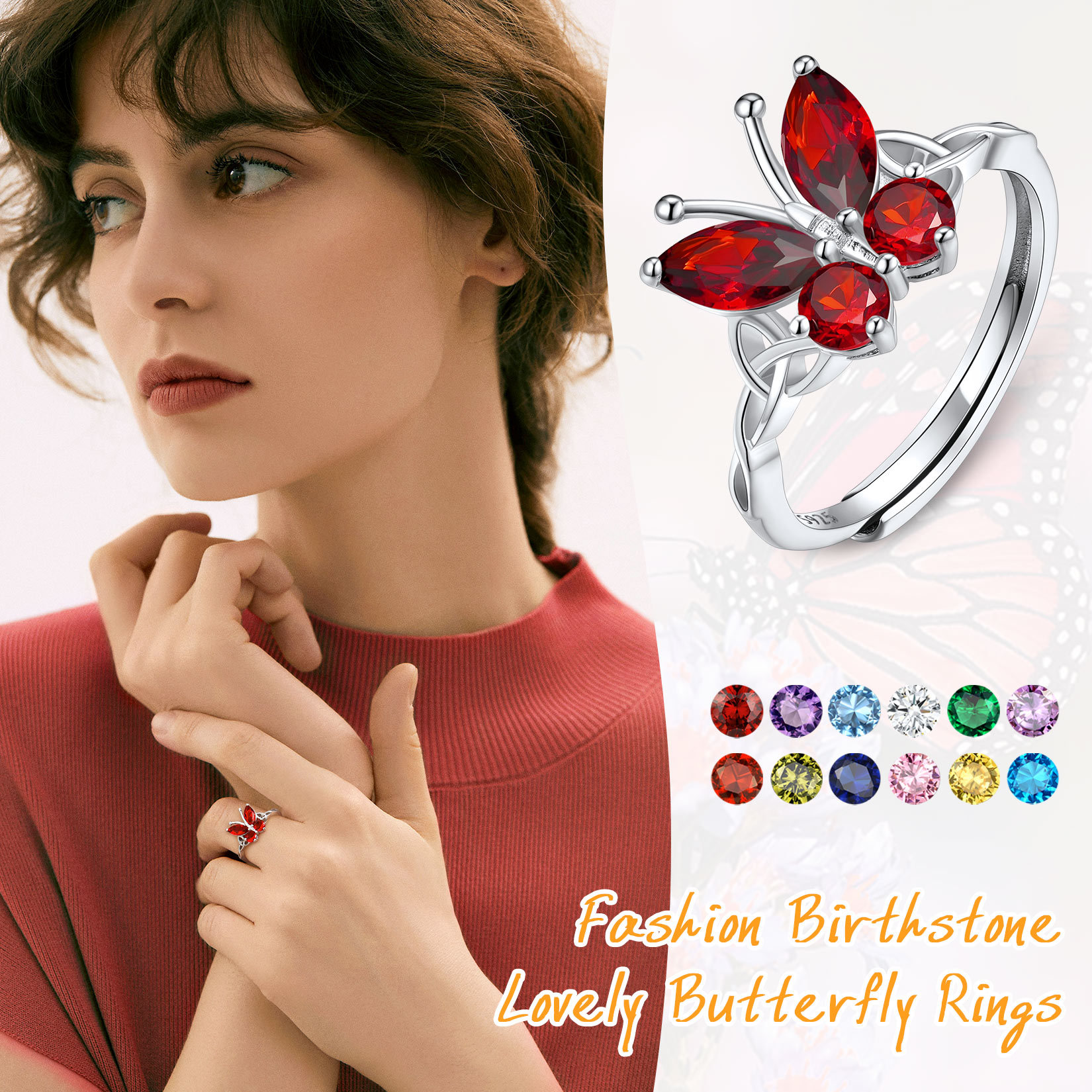 Sterling Silver Birthstone Butterfly Adjustable Ring