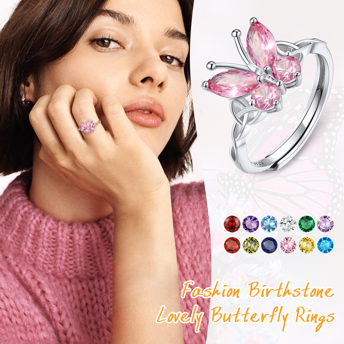925 Sterling Silver Birthstone Butterfly Adjustable Ring for Women model show